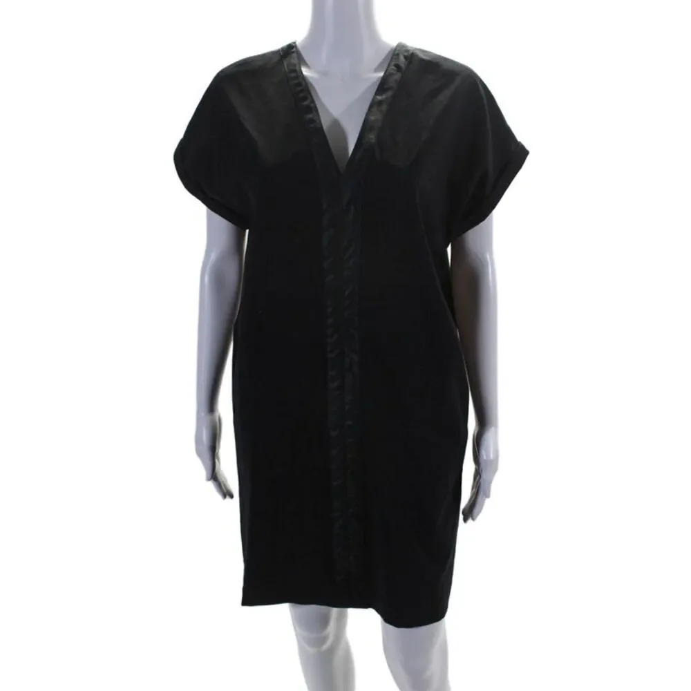 Giuseppa Womens Cotton V-Neck Low Back Patchwork Short Sleeve Dress Black Size M